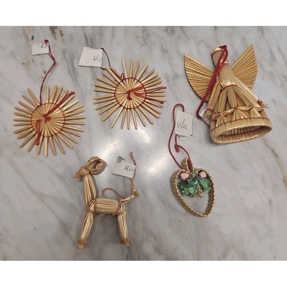Straw Vintage Set Primitive Hand Made Ornament Christmas Stars & Angel Set Of 5
